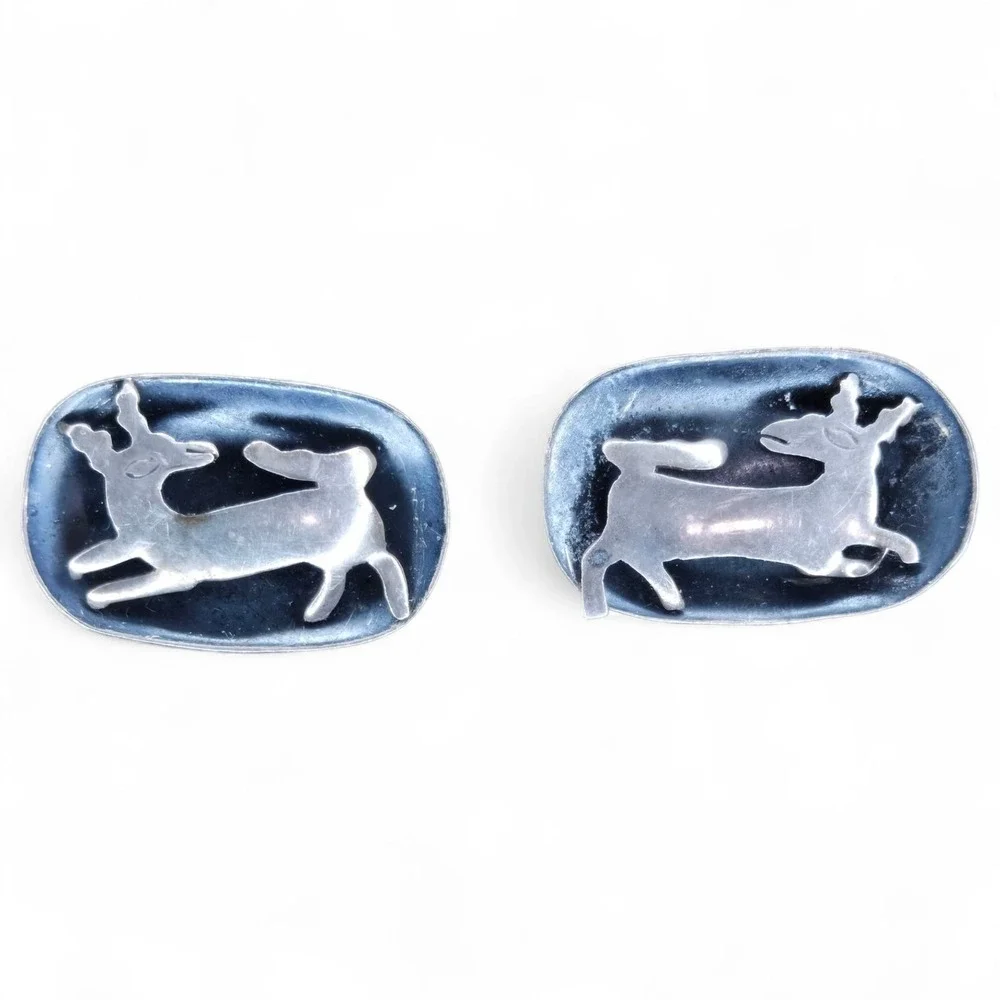 Vintage Cufflinks Sterling Silver 925 Leaping Deer Primitive Folk Art